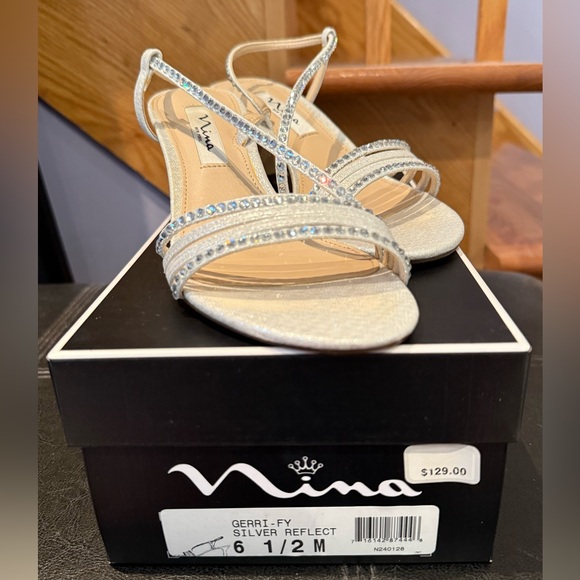 Nina Cream and Silver Sandals with Rhinestone Straps - Picture 2 of 5